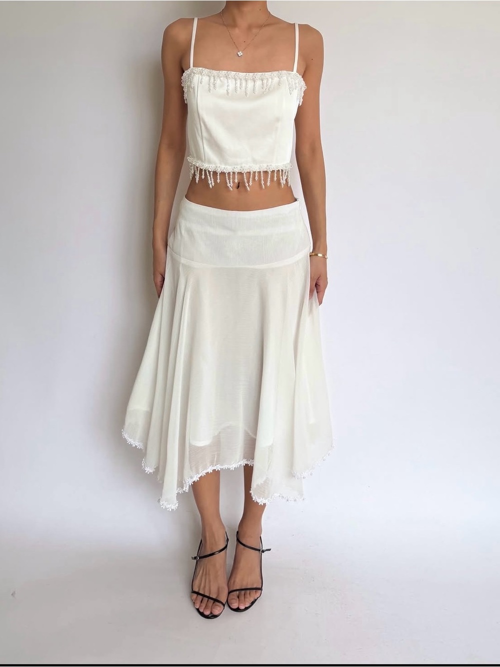 White Asymmetric Midi Skirt - Elegant Flared Hem